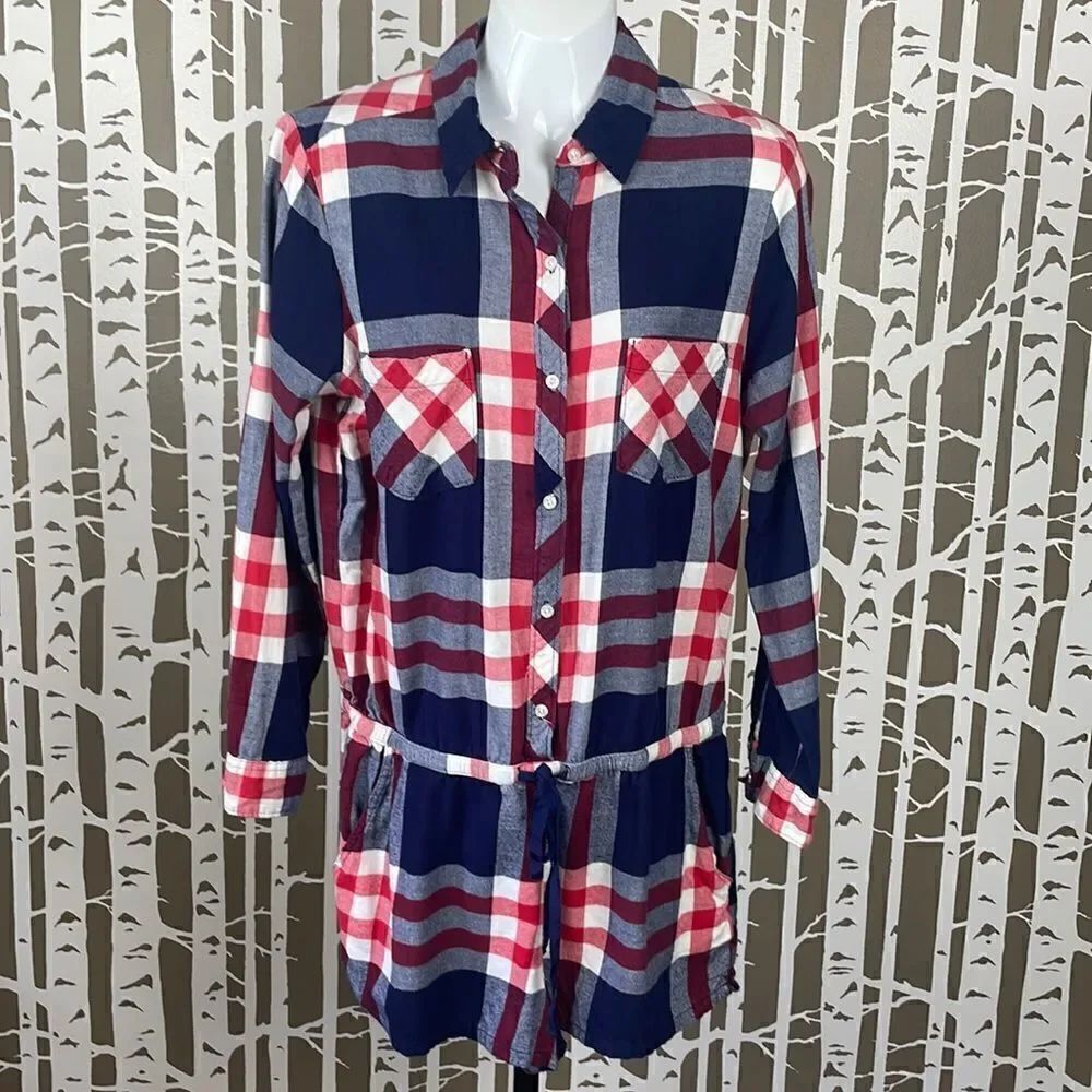 Aerie Flannel Long Sleeve Button Up Romper w Tie Waist & Pockets sz L